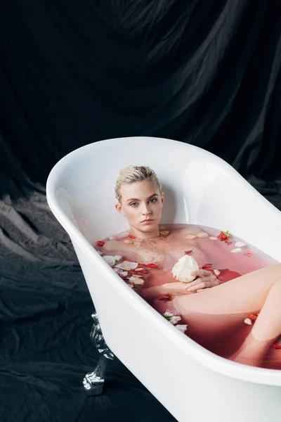 Hermosa mujer rubia húmeda y sexy en bañera con agua rosa y pétalos sobre fondo negro - foto de stock