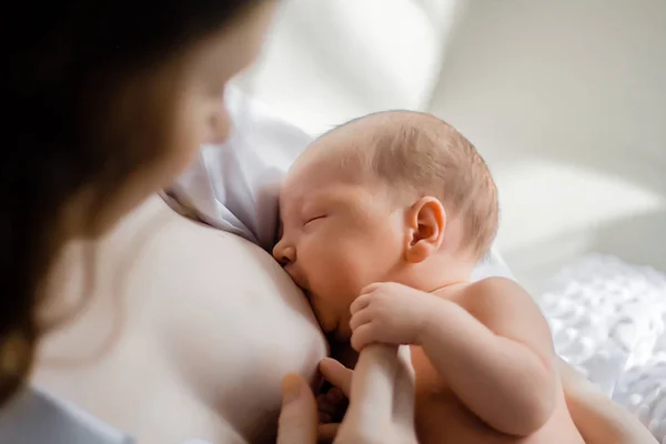 Mamma mata hennes nyfödda med bröst — Stockfoto