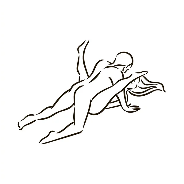 Vector hand drawn Kama Sutra sex pose man and woman in love illustration on white background — Stock Vector