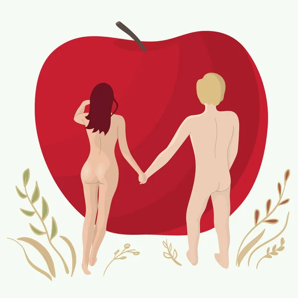 裸男和美女手牵着手站在一个红色苹果的面前 亚当和夏娃的概念 — 图库矢量图片