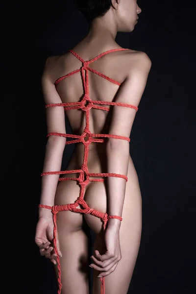 Nude Girl Red Rope Naked Sexy Bound Woman Short Hair — Stock Photo, Image
